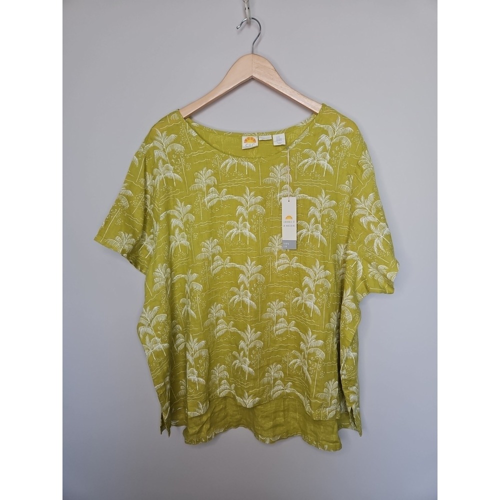 C&C California Top 3X Lime Green Linen Boxy Lagenlook Coastal Palm Tree Tropical